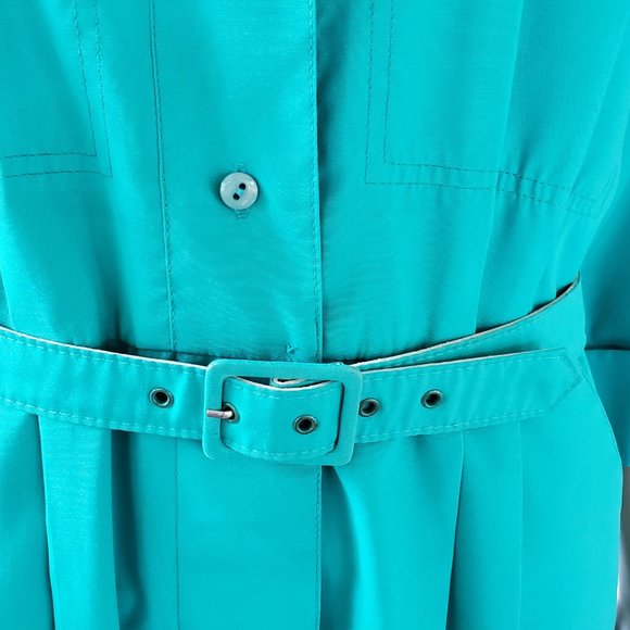 Vintage 80s Shirt Dress Women's Medium Green Career Secretary Pockets Belt Midi - Picture 12 of 14